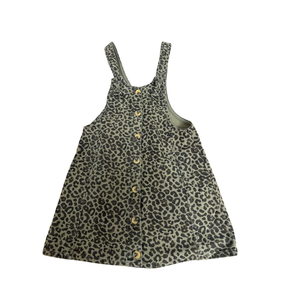Zara Kids Girls Leopard Print Corduroy Pinafore Button Front Dress Brown Size 9